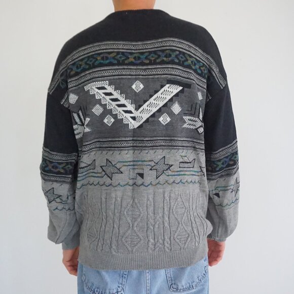 Portobello Charcoal Gray Patterned Knit Eclectic Grandpa Retro 90s Sweater L - Picture 2 of 10